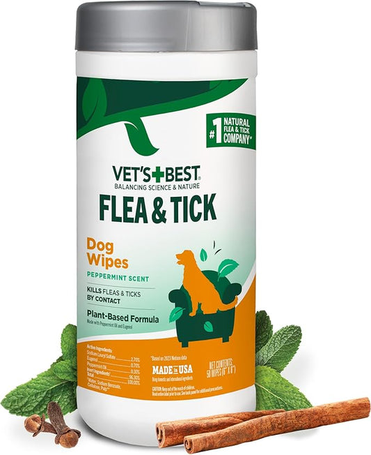 Vet's Best Flea and Tick Wipes for Dogs, Dog Wipes for Kennel, Flea and Tick Prevention, Plant-Based Formula, Pet Essentials, Made in USA, Certified Natural Oils, 50 ct