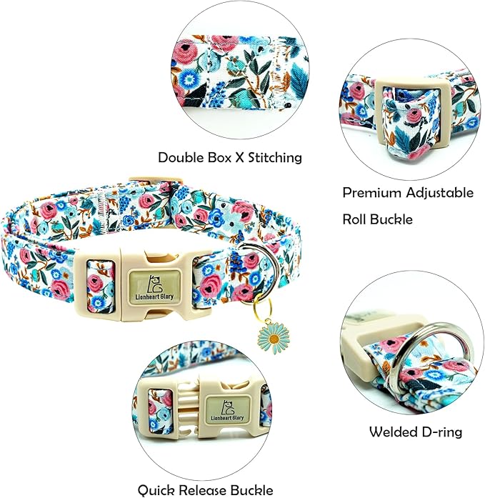 Lionheart glory Dog Collar Flowers Print Dogs Collar Spring Summer Cute Collars Dog Girl or Boy Soft Durable Adjustable Dog Collars for Large Dogs Pet Gift