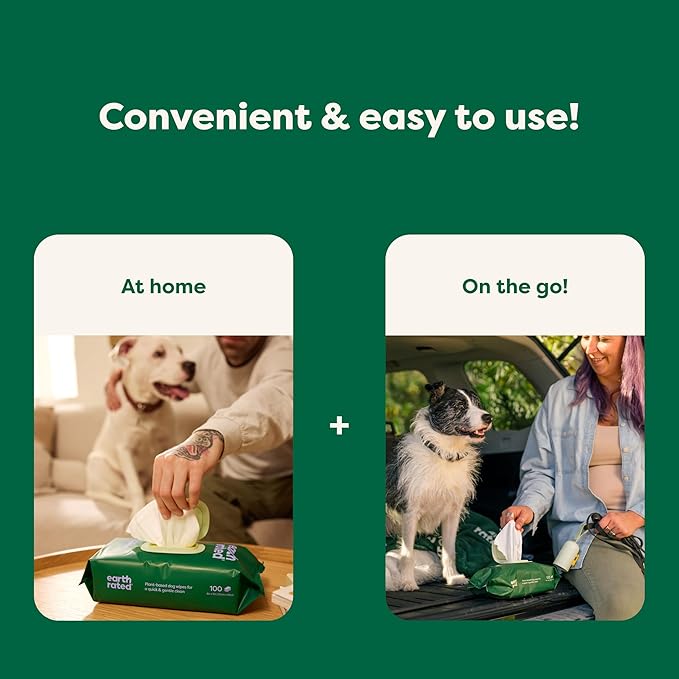 Earth Rated Pet Grooming Wipes for Dogs and Cats, Hypoallergenic, Cleaning and Hydrating, for Paws, Body and Butt, Unscented, 100 Count