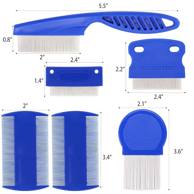 LoveBB 6-Pack Stainless Steel Flea & Lice Combs for Dogs & Cats - Double-Sided Fine Tooth Pet Grooming Comb for Tear Stain Removal & Dematting (Blue)