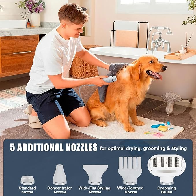 Ownpets 5 in1 Portable Smart Pet Grooming Hair Dryer for Dogs, Smart Temperature Control, Low Noise Dog Blow Dryer with Grooming Brush for Home, Pet Washing Station