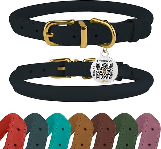 BRONZEDOG Rolled Leather Dog Collar with QR ID Tag Adjustable Soft Round Collars for Small Medium Large Dogs Puppy Cat (9" - 11" Neck Size, Dark Blue)