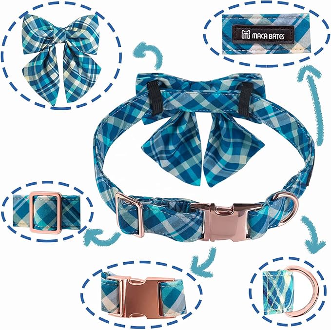 Maca Bates Plaid Blue Dog Collar with Checkered Bow Bowtie for Grid Dogs Bows Tie Adjustable Breakaway Collars Birthday Gift Colar for Small Medium Large XL Girl Boy Male Female Puppy Pets