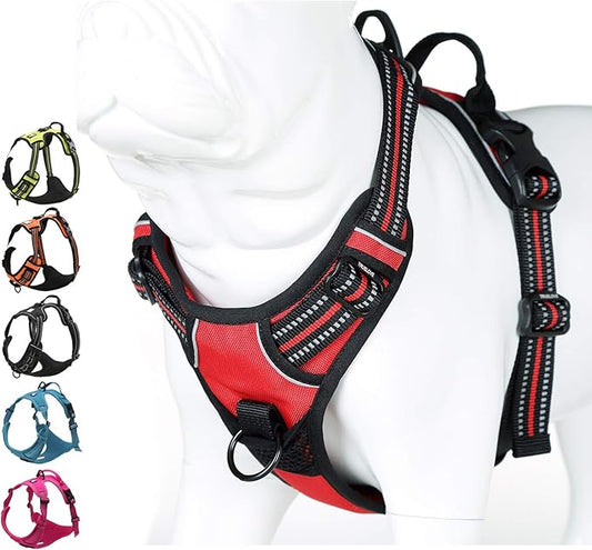 Soft Front Dog Harness .Best Reflective No Pull Harness with Handle and 2 Leash Attachments