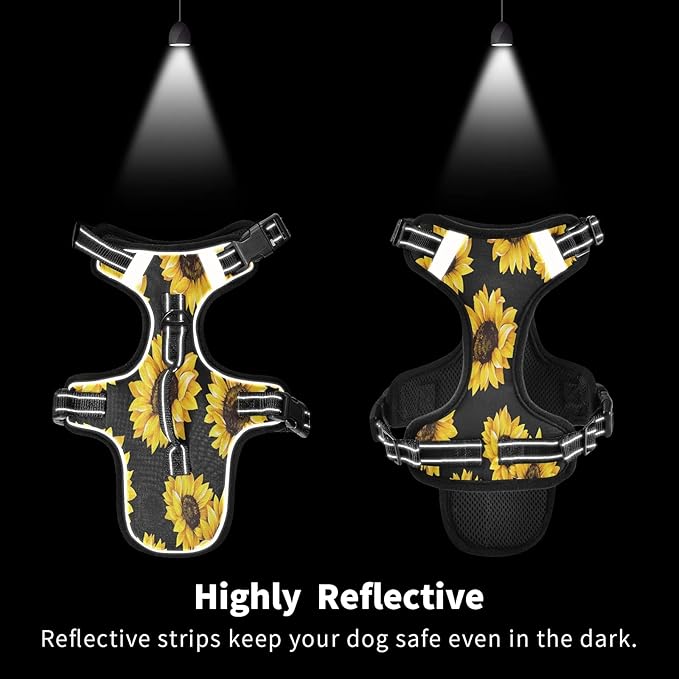 Beautiful Sunflower Flowers Floral Black Dog/Cat Harness,Adjustable Soft Padded Pet Vest Harness-Reflective No-Choke Pet Harness Easy Control Front Clip for Dog/Cats