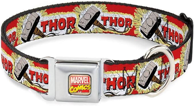 Buckle-Down Dog Collar Seatbelt Buckle Thor Hammer Red Yellow White 11 to 17 Inches 1.0 Inch Wide, Multi Color (DC-WTH005-M)
