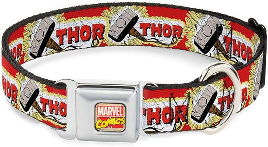 Buckle-Down Dog Collar Seatbelt Buckle Thor Hammer Red Yellow White 16 to 23 Inches 1.5 Inch Wide, Multicolor (DC-WTH005-WM)