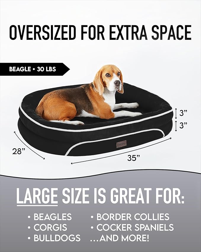 OhGeni Orthopedic Dog Bed for Large Dogs, Dog Couch Design with Egg Foam Support, Removable, Machine Washable Plush Cover and Non-Slip Bottom with Four Sided Bolster Cushion (Black)