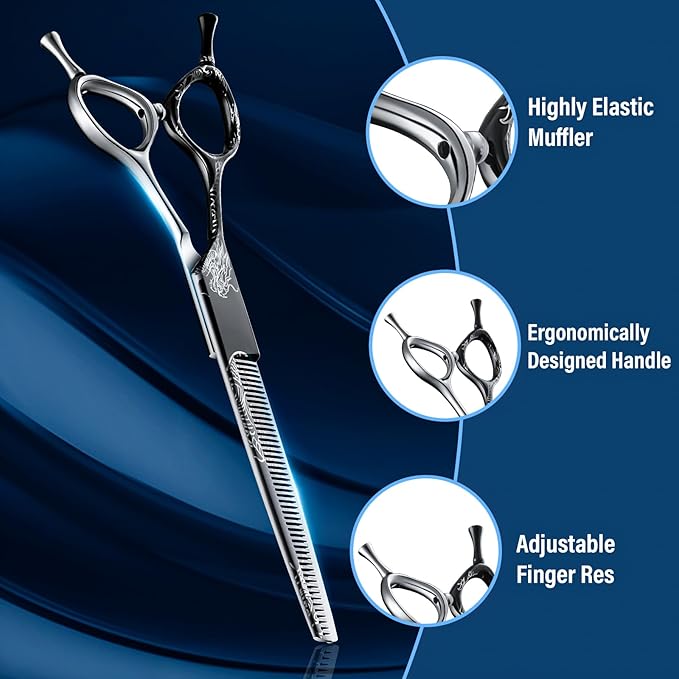 Purple Dragon Dog Grooming Scissors 7-Inch Thinning Shears- Professional Pet Hair Trimming Shears for Dogs & Cats, Sharp 440C Japanese Steel, Ergonomic Design for Comfort and Precision
