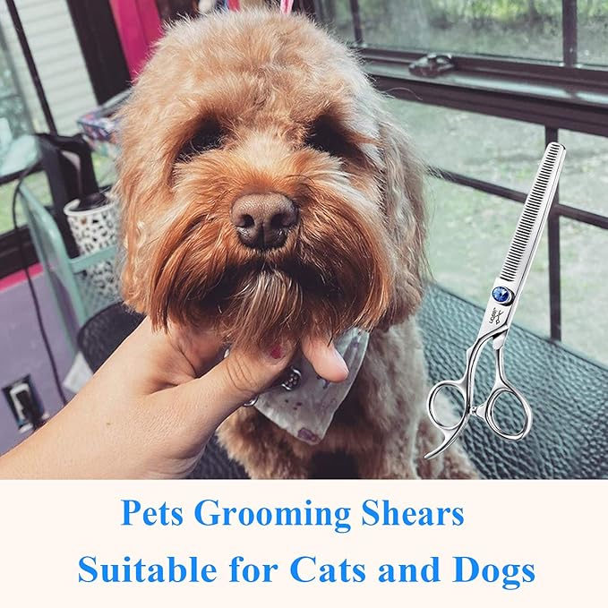 JASON Left Handed 7" 50 Teeth Blending Dog Grooming Scissor, Ergonomic Cats Grooming Thinning Shears Pets Trimming Kit with Offset Handle and a Jewelled Screw, Sharp, Comfortable Blender