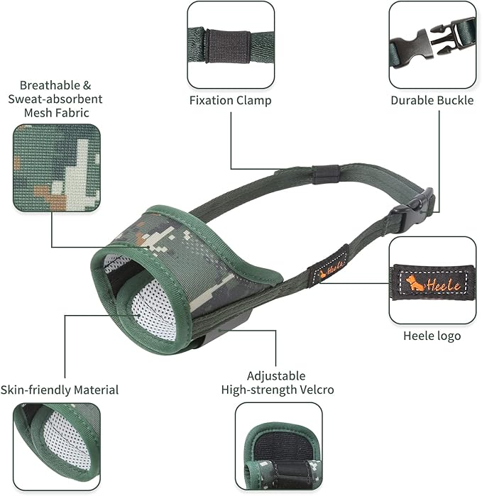 HEELE Dog Muzzle, Soft Tactical Camouflage Dog Muzzle for Small Medium Large Dogs, Breathable Muzzle to Prevent Biting, Chewing, and Barkink, Perfect for Vet Visit, Training