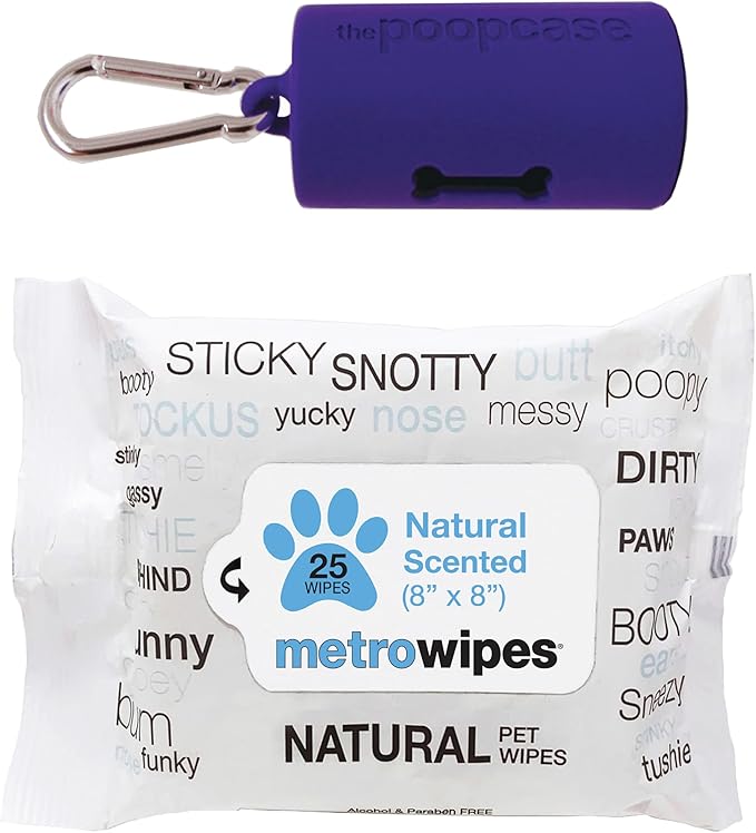 MetroPaws Unscented Dog Wipes, 25 Extra Large, Thick Cleaning Wipes & The Dog Waste Bag Dispenser & Holder, Bag Holder With 20 Bags for Leash - Purple