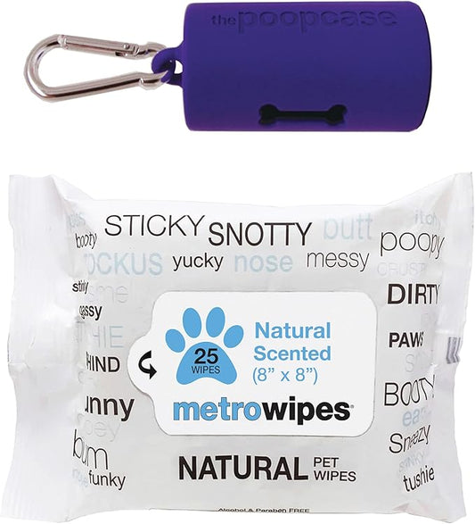 MetroPaws Unscented Dog Wipes, 25 Extra Large, Thick Cleaning Wipes & The Dog Waste Bag Dispenser & Holder, Bag Holder With 20 Bags for Leash - Purple