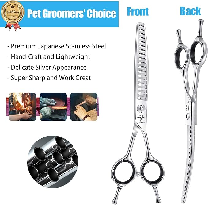 PURPLEBIRD 6.5 Inch Downward Curved Dog Grooming Scissors Pet Chunker Shears Professional Safety Blunt Tip Trimming Shearing for Dogs Cats Face Paws Limbs Japanese Stainless Steel Silver