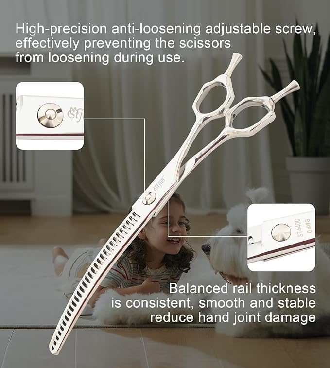 Professional Dog Grooming Scissors, Japanese 440C Stainless Steel, 62 HRC Hardness, Curved Chunker