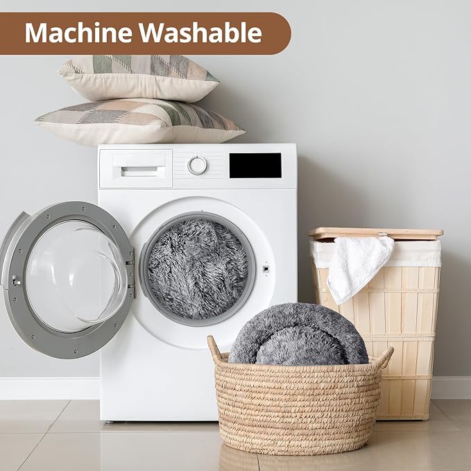 JOLLYVOGUE Dog Beds for Medium Dogs, Anti-Anxiety Washable Round Bed, Calming Donut Dog Cat Bed for Puppy Bed, Fluffy Dog Beds for Medium Dogs, Round Puppy Bed for Indoor Pet (28"/Smoke Black