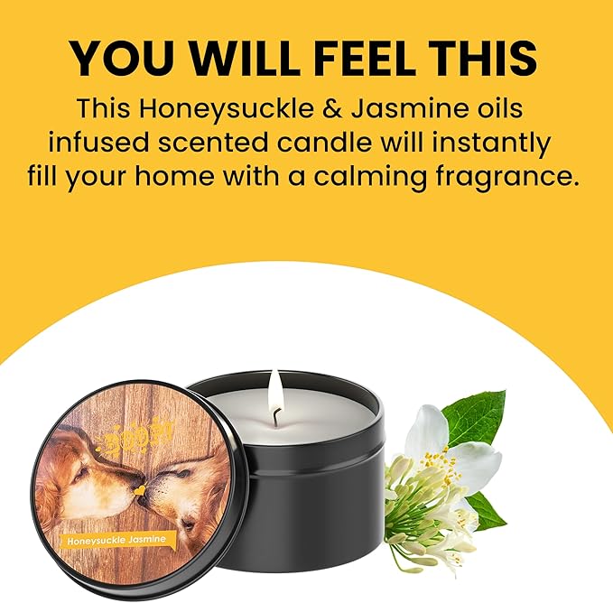 Scented Candle in Tin - Handcrafted Aromatherapy Candle for Pets - Pet-Friendly and No Harsh Chemicals Soy Candle - Burns up to 60 Hours - Honeysuckle Jasmine