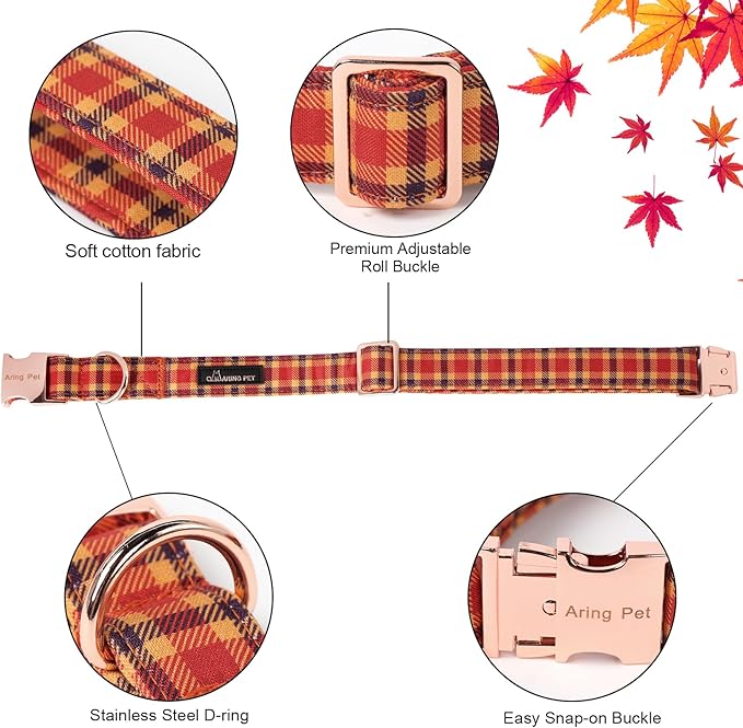 ARING PET Fall Dog Collar-Cotton Halloween Plaid Dog Collar with Bow, Adjustable Orange Autumn Bowtie Dog Collars Pet Necklace with Metal Buckle for Girl&Boy Dogs
