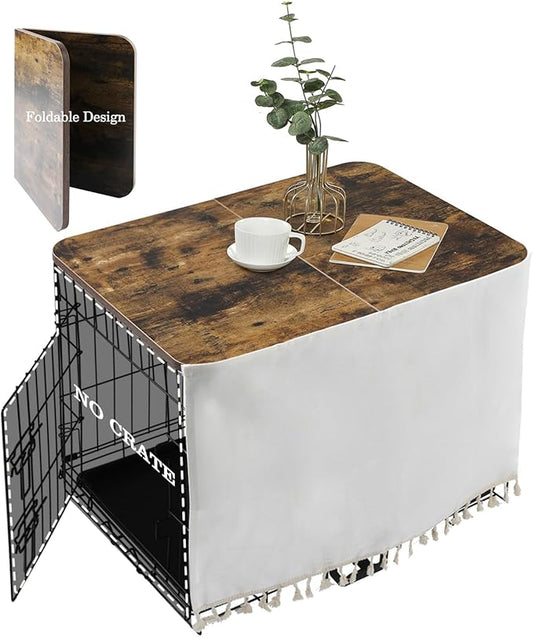 Dog Crate Topper Wood for 24 30 36 42 48 inch Cages, Dog Crate Table Foldable Dog Kennel Topper with Tassel Curtain, Rustic Style Top Rustic Brown(Crate Not Include)