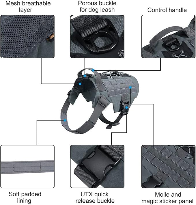 EXCELLENT ELITE SPANKER Dog Harness Tactical Military Dog Harness Adjustable No-Pull Dog Harness Training Hunting Dog Tactical Vest with Handle(Gry-S)