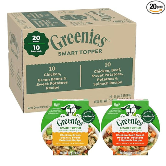 Greenies Smart Topper High Protein Wet Mix-in for Dogs, Chicken, Green Beans, and Sweet Potatoes Recipe & Chicken, Beef, Sweet Potato & Spinach Recipe Variety Pack, 20 Trays of 2oz.