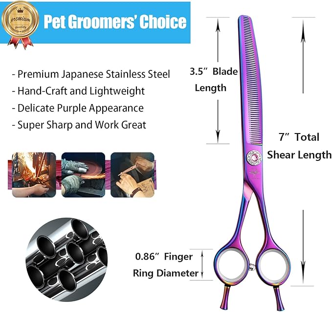 PURPLEBIRD 7 Inch Downward Curved Dog Grooming Scissors Thinning Texturizing Shears Professional Safety Blunt Tip Trimming Shearing for Dogs Cats Face Paws Limbs Japanese Stainless Steel Purple