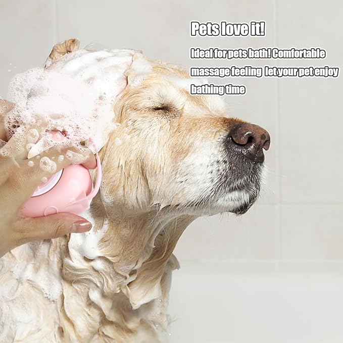 Dog Cat Bath Brush Comb Silicone - Pet Brush for Cats Dogs With Soap Dispenser Grooming Cleaning, Pink
