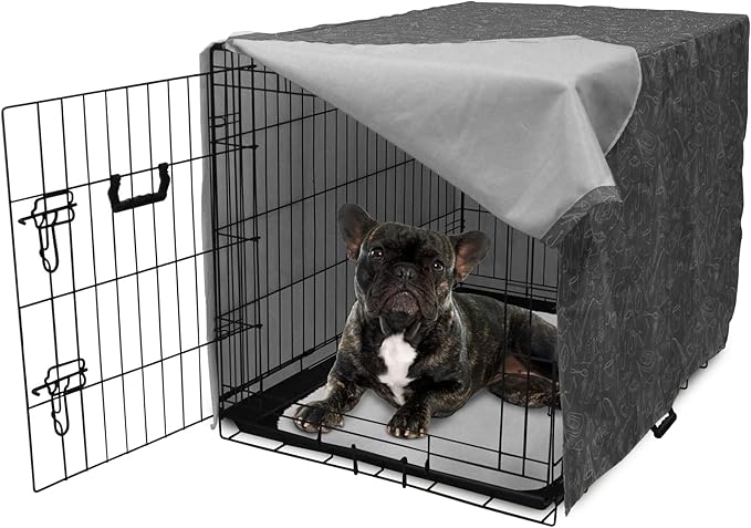 Ambesonne Fishing Theme Dog Crate Cover, Monochrome Illustration with Hand Drawing Angling and Camping Objects, Easy to Use Pet Kennel Cover for Cats & Medium Dogs, 24 Inch, White and Grey