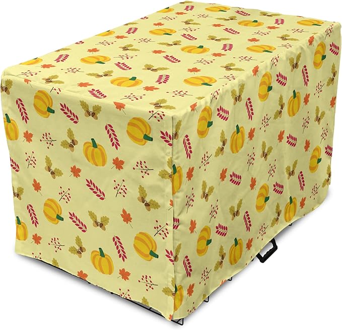 Lunarable Autumn Pumpkin Dog Crate Cover, Seasonal Image with Fall Botanical Elements Leaves and Acorns, Easy to Use Pet Kennel Cover for Medium Large Dogs, 42 Inch, Pastel Yellow Multicolor