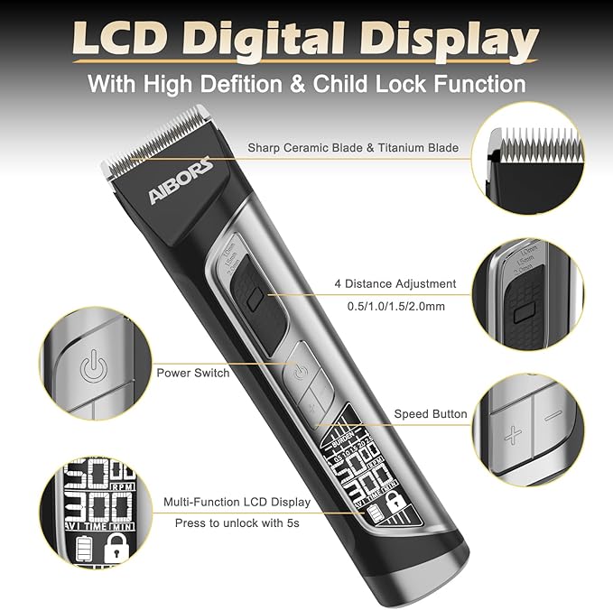 Dog Clippers for Grooming, 2600mAh 5-Speed Dog Grooming Clippers with LCD Display, Low Noise, Cordless Pet Hair Clippers Trimmer for Dogs