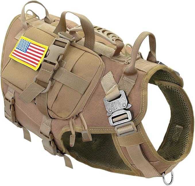 PET ARTIST Tactical Dog Harness for Hiking Training, No Pull Vest Harness for Medium Large Dogs, with Pouches and Patches Coyote Brown, L