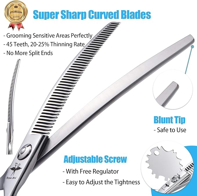 PURPLEBIRD 6.5 Inch Downward Curved Dog Grooming Scissors Pet Thinning Texturizing Shears Professional Safety Blunt Tip Trimming Shearing for Dogs Cats Face Paws Limbs Japanese Stainless Steel Silver