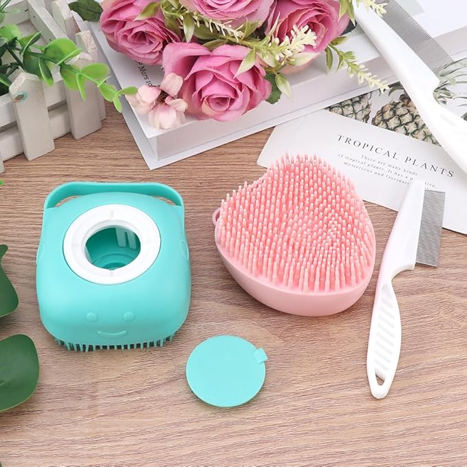 iayokocc 2Pcs Dog Cat Bath Brush Soft Silicone Dog/Puppy Massage Brush Hair Fur Grooming Cleaning Brush with Shampoo Dispenser,for Long Short Haired Pets,with 2Pcs Pet Flea Comb.