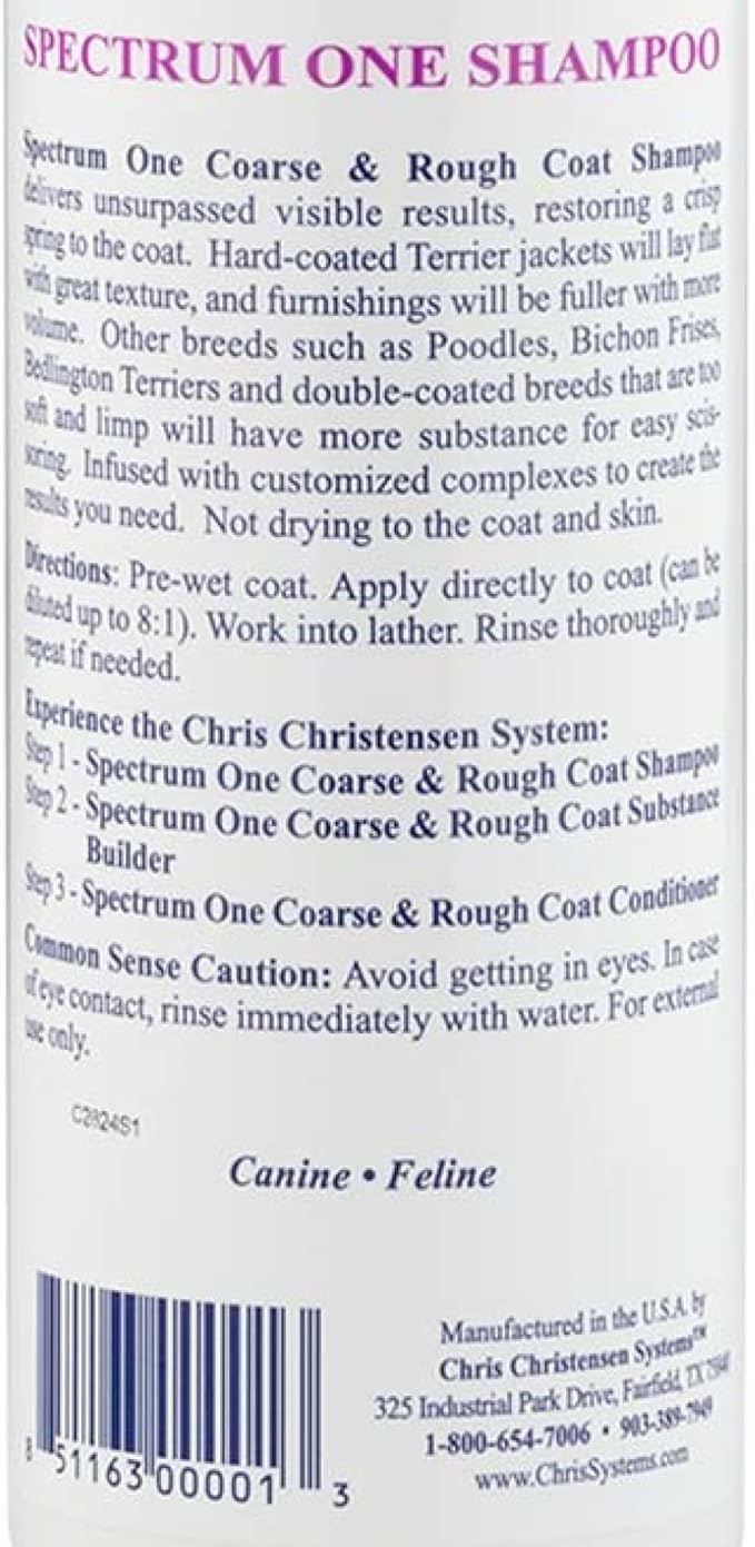 Chris Christensen Spectrum One Dog Shampoo, Coarse and Rough Coat, Groom Like a Professional, Maintain Crisp Texture, Will Not Dry Out Coat or Skin, Made in The USA, 16 oz