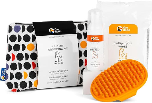The Dodo All-in-One Dog Grooming Kit, Includes No Rinse Bath Foam, Wipes, and Wet/Dry Brush; Vegan, Cruelty-Free and Contains no DEA, MEA, SLS or Parabens