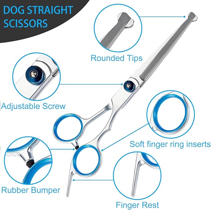 5 in 1 Premium Dog Grooming Scissors, Professional Dog Scissors for Grooming with Safety Round Tips, Lengnoyp Stainless Steel Thinning Shears, Dog Pet Cat Shears for Grooming Kit
