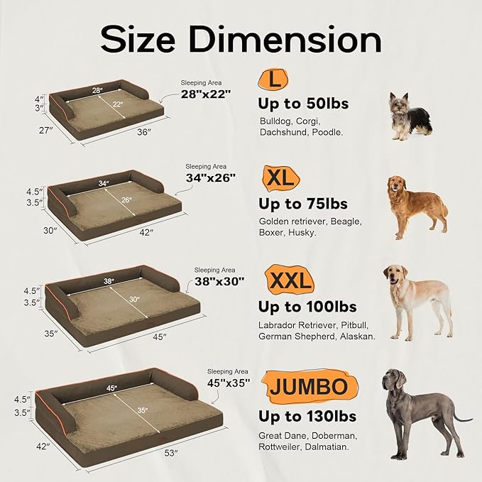 Large Dog Bed Orthopedic Washable - Waterproof with Removable Cover - Memory Foam - XXL Large Big Dogs - Beds Bolster Pet - Couch Sofa - Brown Dog Bed