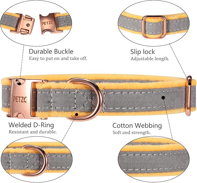 Dog Collar,Metal Buckle Pet Collar Suede Dog Collar Soft&Comfy Adjustable Pet Gift Collars with Bow for Small Medium Large Dogs (Medium, Gray&Yellow)