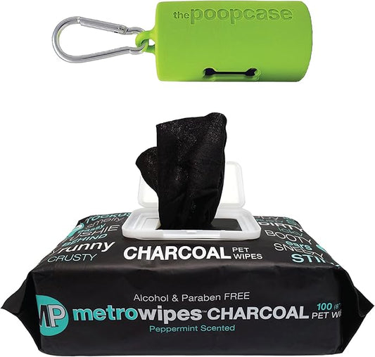 MetroPaws Peppermint Dog Wipes, 100 Extra Large, Thick Cleaning Wipes & The Dog Waste Bag Dispenser & Holder, Bag Holder With 20 Bags for Leash - Lime