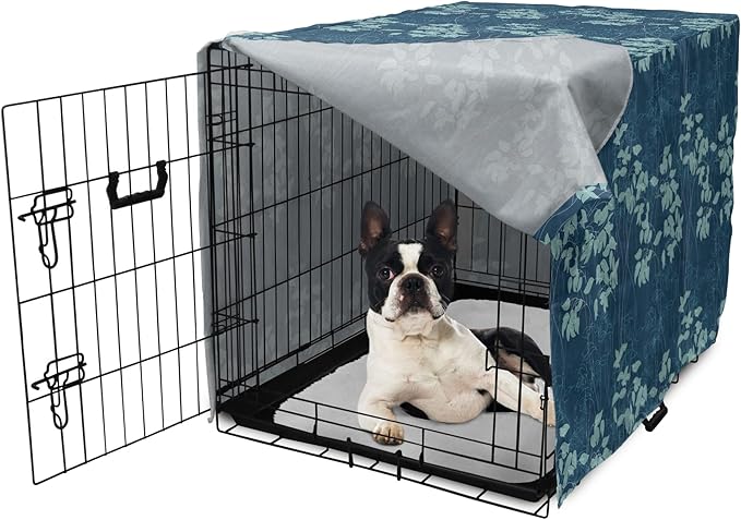 Lunarable Blue Floral Dog Crate Cover, Abstract Leaves and Outlines Rural Field Garden Foliage Art, Easy to Use Pet Kennel Cover for Small Dogs Puppies Kittens, 22 Inch, Green Night
