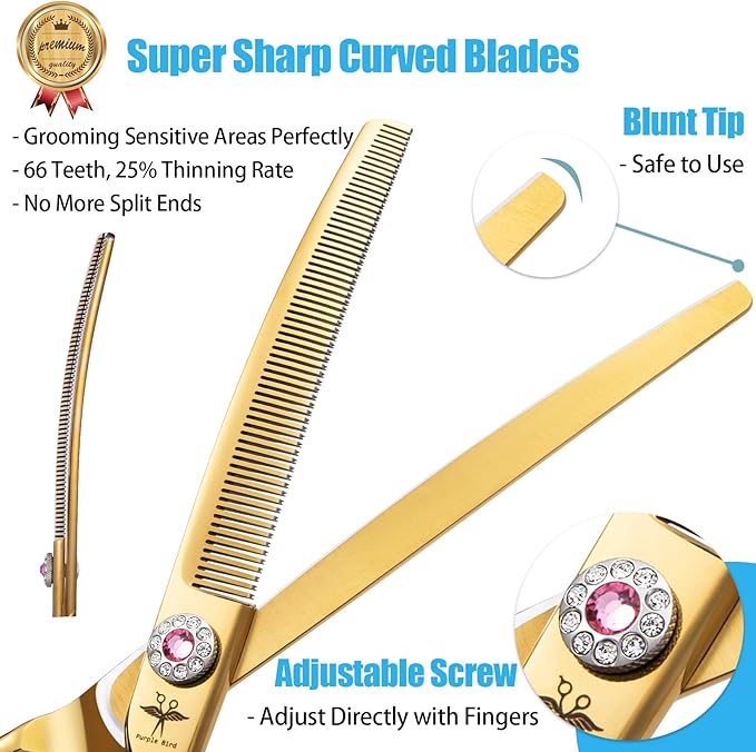 PURPLEBIRD 7 Inch Downward Curved Dog Grooming Scissors Thinning Texturizing Shears Professional Safety Blunt Tip Trimming Shearing for Dogs Cats Face Paws Limbs Japanese Stainless Steel Yellow