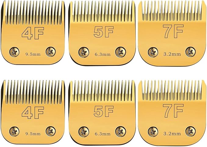 Size 7FC/5FC/4FC Detachable Pet Dog Grooming Clipper Blades Set,Compatible with Andis,Oster A5,Wahl KM Series Clippers,Cut Length 1/8"(3.2mm) to 3/8”(9.5mm),6 Pack-Gold