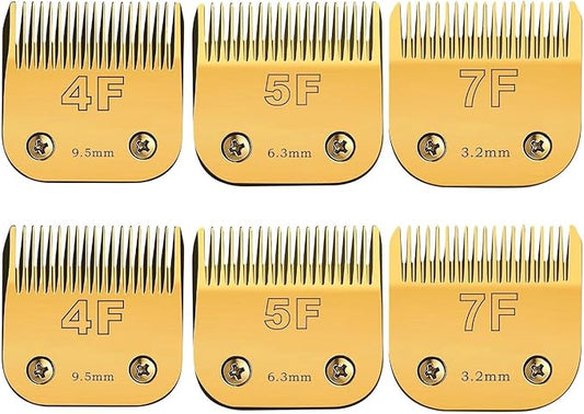 Size 7FC/5FC/4FC Detachable Pet Dog Grooming Clipper Blades Set,Compatible with Andis,Oster A5,Wahl KM Series Clippers,Cut Length 1/8"(3.2mm) to 3/8”(9.5mm),6 Pack-Gold
