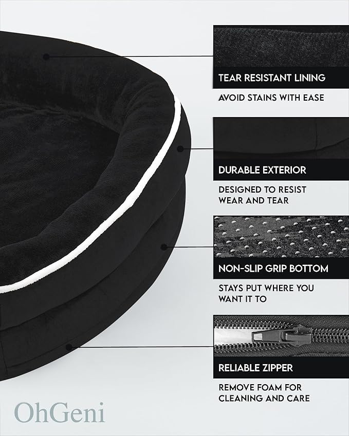 OhGeni Orthopedic Dog Bed for Large Dogs, Dog Couch Design with Egg Foam Support, Removable, Machine Washable Plush Cover and Non-Slip Bottom with Four Sided Bolster Cushion (Black)