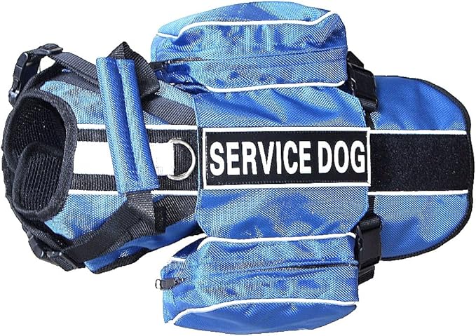 Service Dog Harness, Saddle Bag Backpack Carrier Outdoor Travel Hiking Camping Harness, Removable Saddle Bags and Patches (Blue, S Girth 16-20")