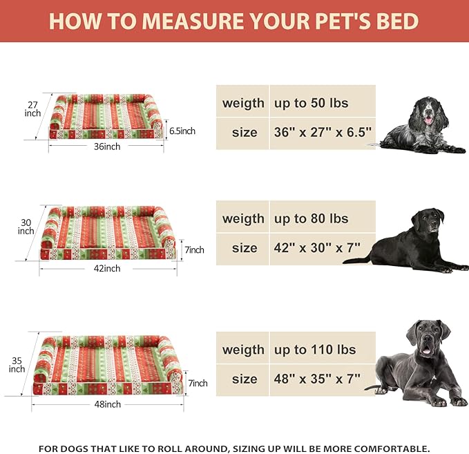 BFPETHOME Christmas Dog Beds for Large Dogs, Orthopedic Dog Bed for Medium Large Dogs,Big Waterproof Couch Dog Pet Bed with Removable Washable Cover