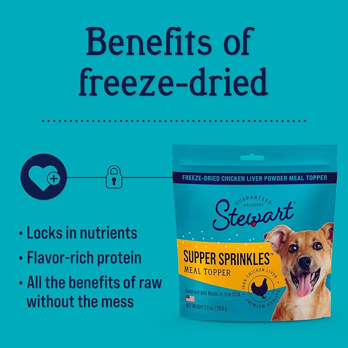 Stewart Chicken Liver Supper Sprinkles, Dog Food Toppers, Chicken Liver, 2.5 oz. Resealable Bag, Made in USA, Products for Dogs