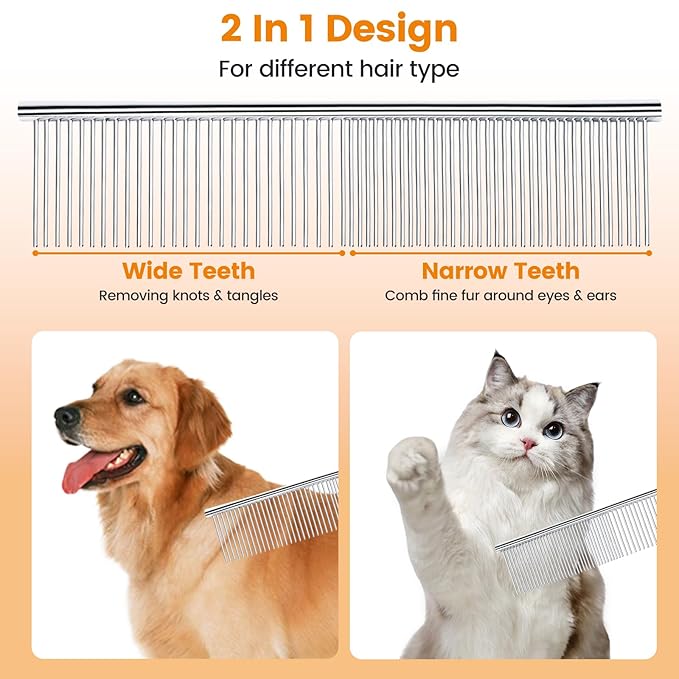 2Pcs Stainless Steel Dog Comb, Round Tooth Cat Comb with 2 Tooth Widths, Metal Combs for Removing Knots and Tangles, Grooming Tool for Long and Short Hair Pets, 7.5 IN Silver