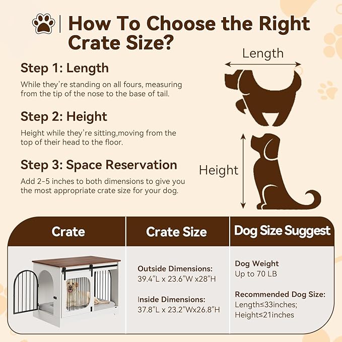 Dog Crate Furniture, 39.4" Dog Kennel for Dogs Up to 70 Lb, with Bed Mat, Heavy-Duty Dog Cage End Table, Three Doors Dog House, White/Brown