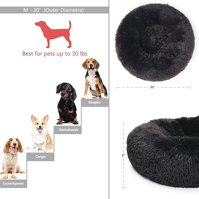 Dog Beds for Medium Dogs Washable Calming Bed for Dogs 30 Inches Black Fluffy and Soft Dog Bed Calm and Anti Anxiety Faux Fur Round Medium Sized Pet Bed for Dog